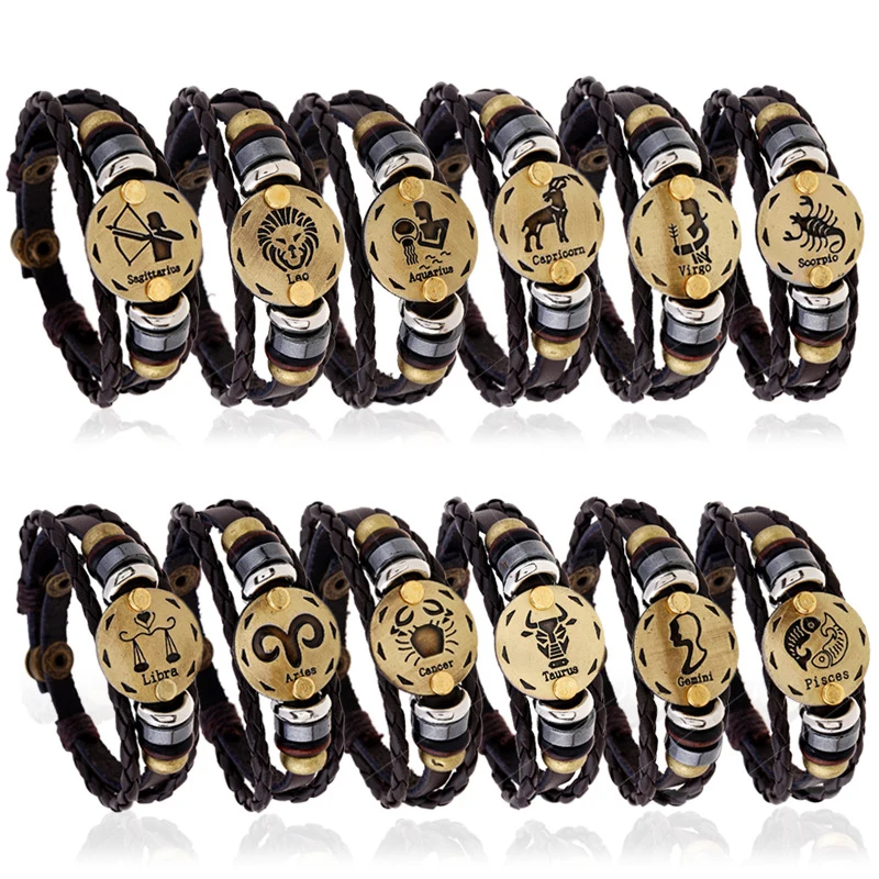 

Unisex Multilayer Leather Cowhide Bead Alloy Print Bracelets The Constellation Zodiac Bracelet Snap Button Bracelet & Bangles