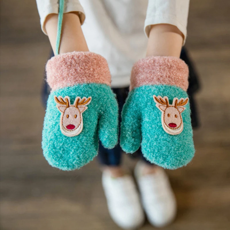 Fashion Children Winter Thick Gloves Cute Warm Winter Knitted Gloves Mittens Cartoon Print Warm Girls Boys Full Finger Gloves