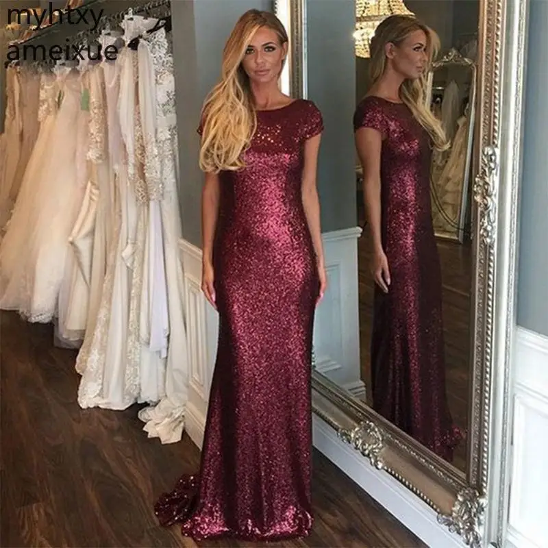 Custom Mermaid Style Long Prom Dress Plus Size Short Sleeves Sparkle Sequins Formal Evening Party Dresses Elegant Burgundy Gowns | Свадьбы и