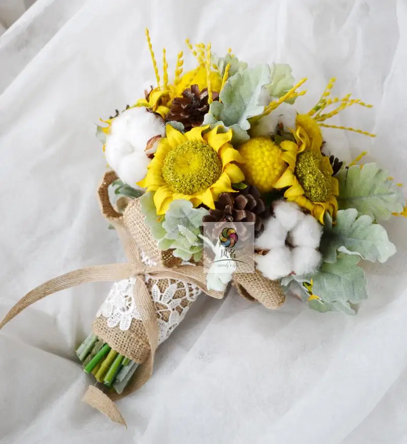 5553 10 De Réductionnouveau Fait à La Main Tournesol Immortel Fleur Coton Oreilles Jaune Blanc Bouquet Simulation Fleur Mariage Floral Mariée