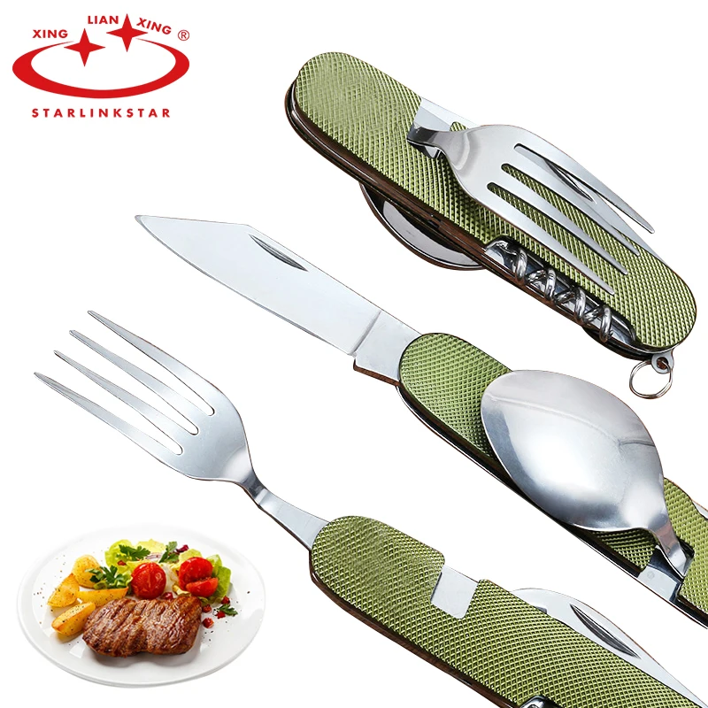 

Multifunction Outdoor Camping Picnic Tableware Stainless Steel Cutlery Sets 4 in 1 Folding Fork Knife&Bottle Opener Dinnerware