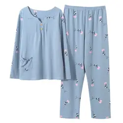 Большие размеры M-4XL v-образным вырезом Длинные рукава Пижама для женщин цветочный принт ночное осень хлопковая Ночная сорочка женская