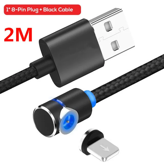 Круглый 1 м 2 м L-Line 90 градусов 8PIN IOS USB светодиодный магнитный кабель зарядное устройство для iPhone 5 6 7 8 Plus X Быстрая зарядка нейлоновые шнуры зарядное устройство - Тип штекера: 2M Black  IOS Cable
