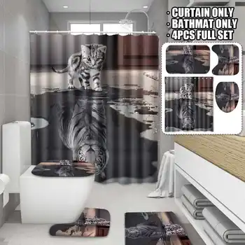 

Cat with Tiger Heart Powerful Dream 180x180cm Waterproof Shower Curtain w/12 Hooks +3pcs Bathroom Carpet Toilet Mats lid Rugs