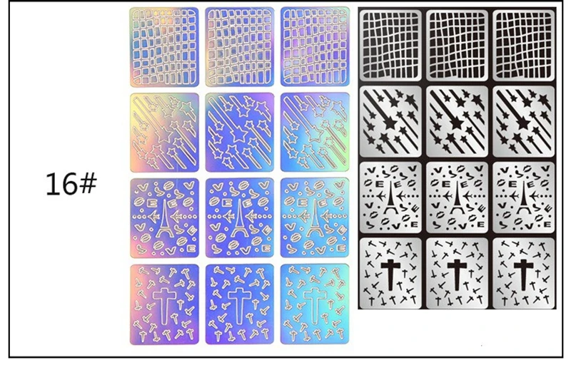 12 дизайн в 1 лазерный винил для ногтей полый неправильный шаблон трафареты для многоразовый для маникюра деко наклейки для нейл-арта наклейки-трафарет - Цвет: 16