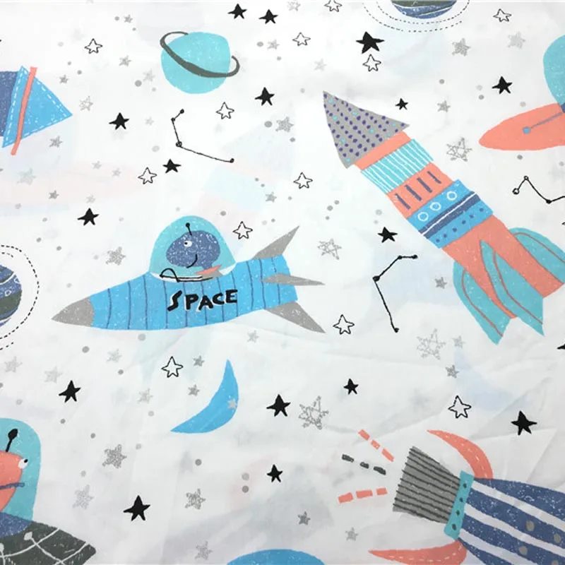 Хлопок саржевая Ткань белый синий мультфильм космические звезды космический корабль ракета ткани для комплект кровати «сделай сам» лоскутное украшение ручной работы - Цвет: white