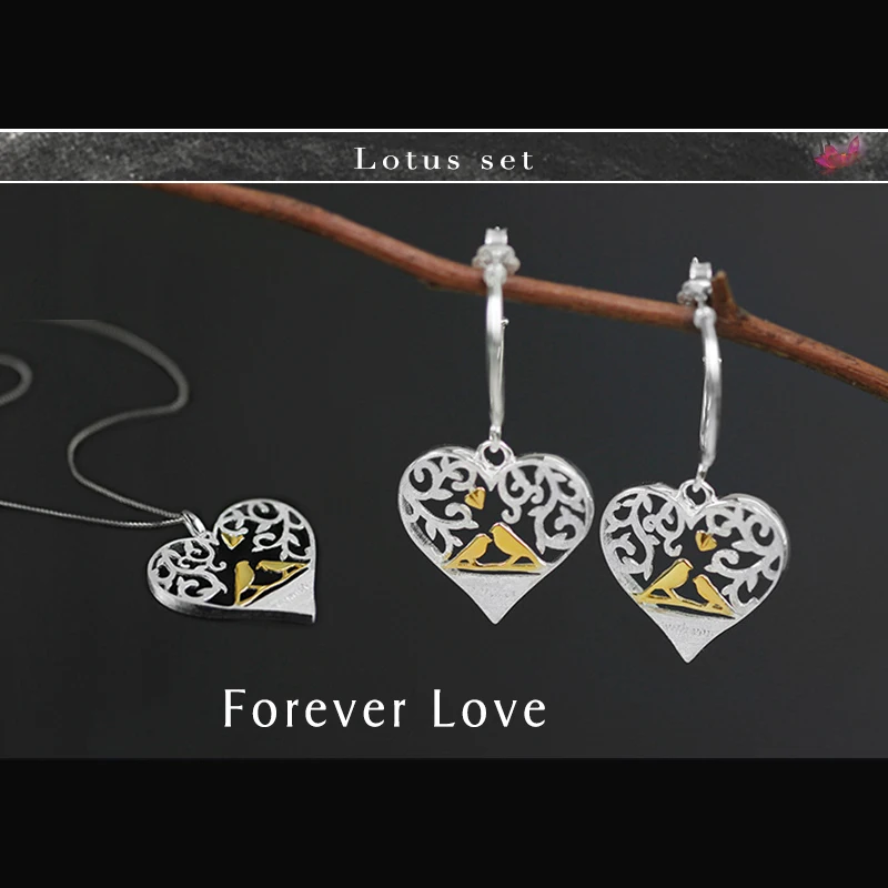 

Lotus Fun Real 925 Sterling Silver Creative Handmade Fine Jewelry Forest Bird in Love Heart Shape Jewelry Set