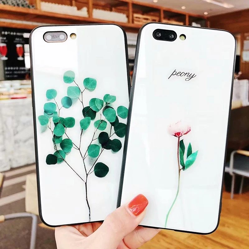 Luxury Tempered Glass Phone Case For iPhone 10 X 7 8 6 6s Plus Leaf