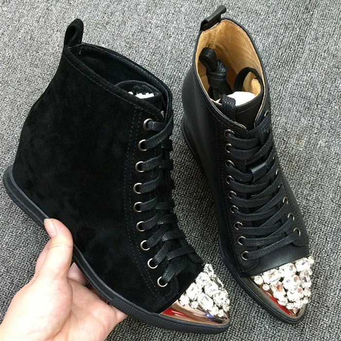 

New High Top Shoes Woman Casual Leather Wedge Lace Up Flats Design Pointed Toe Crystal Cozy Flats Height Increasing Flats Tide