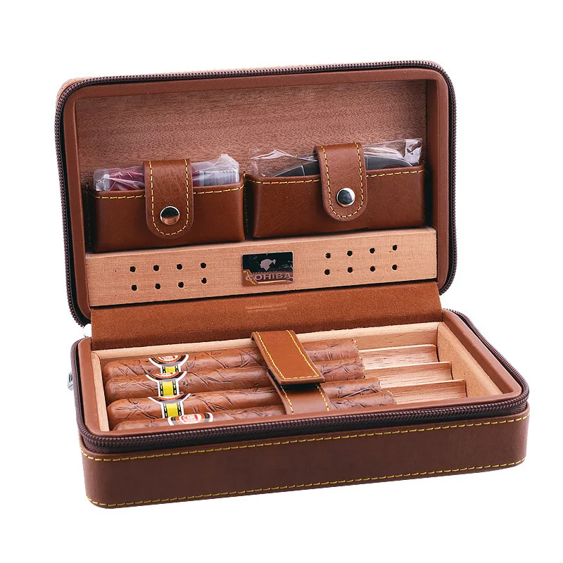 Travel Cigar Box Leather Cedar Lined Humidor with Cigar Cutter Gas