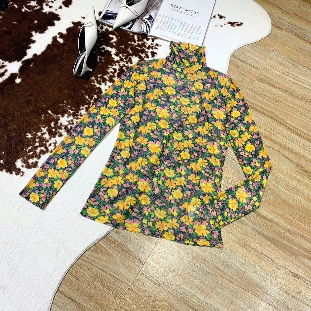 

2019 new ladies fashion long-sleeved high-neck printed knit top 0705