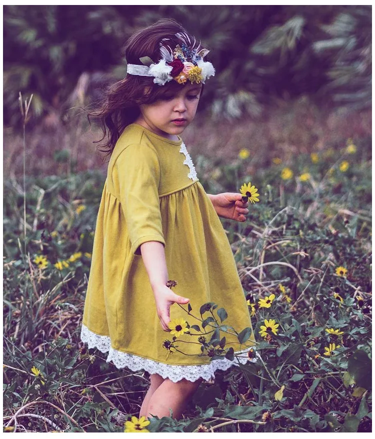 Mother nest 2018 Baby Long Sleeves Yellow Girls Dress Autumn Children Clothing Lace Cotton Toddler Dresses For Party Birthdays (19)
