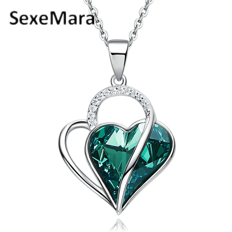 Crystal Green Black Heart Necklace Women Fashion 925 sterling silver necklaces & pendants choker Chain Jewelry 