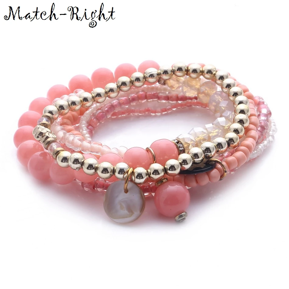 

Match-Right Women Bohemia Jewelry of Multilayer Elastic Weave Set Bracelets&Bangles with Shells Charm Wrap Beads Bracelet LG-065