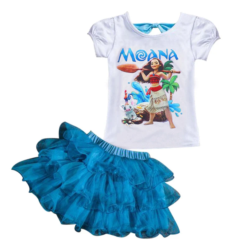 Комплект детской одежды года, комплекты одежды для девочек «Моана» футболка+ юбка-пачка летняя детская одежда для девочек, спортивный костюм, костюм для детей - Цвет: blue