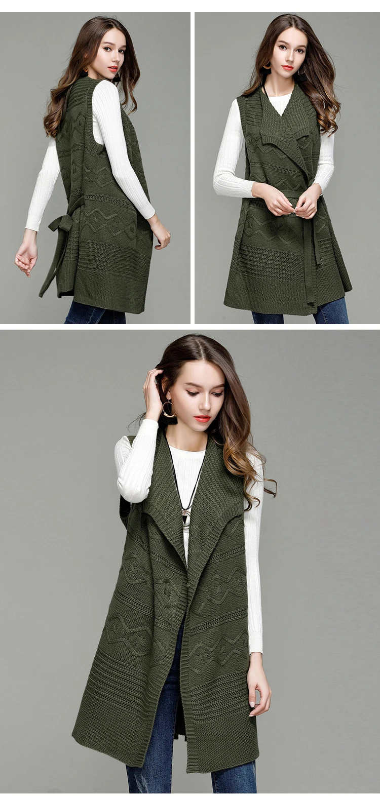 Fashion new European and American women's long paragraph lapel knit cardigan sleeveless vest sweater coat female (5)