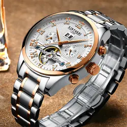 Kinyued Скелет автоматические часы Для мужчин Водонепроницаемый парящего турбийона Деловые часы Для мужчин S автоподзаводом horloges mannen челнока
