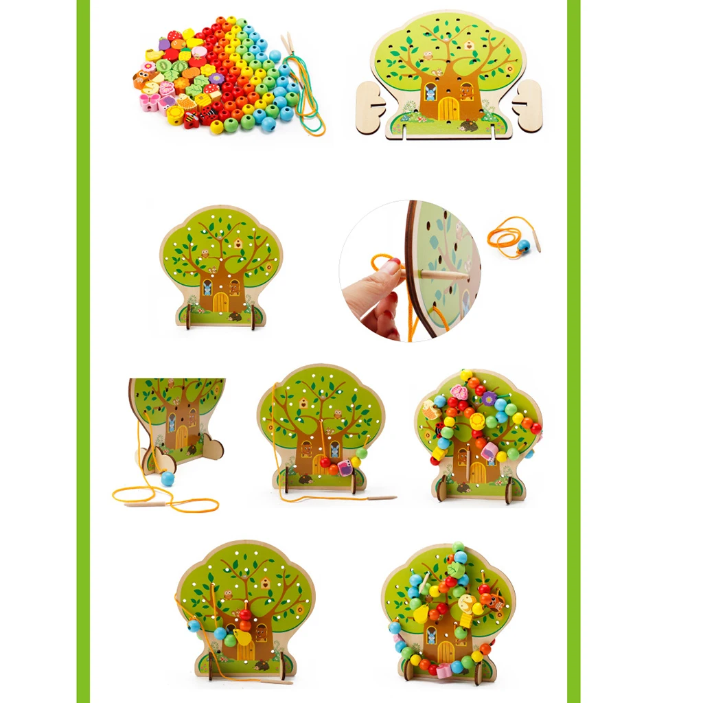 Baby Toddler Wooden Threading Beads Math Toys Lacing Shapes Activity Cognition Toys, Wooden Educational Toy for Kids