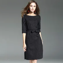 2017 new brand runway women autumn dress top quality fashion striped half knee-length dress brief office lady dress with sashes