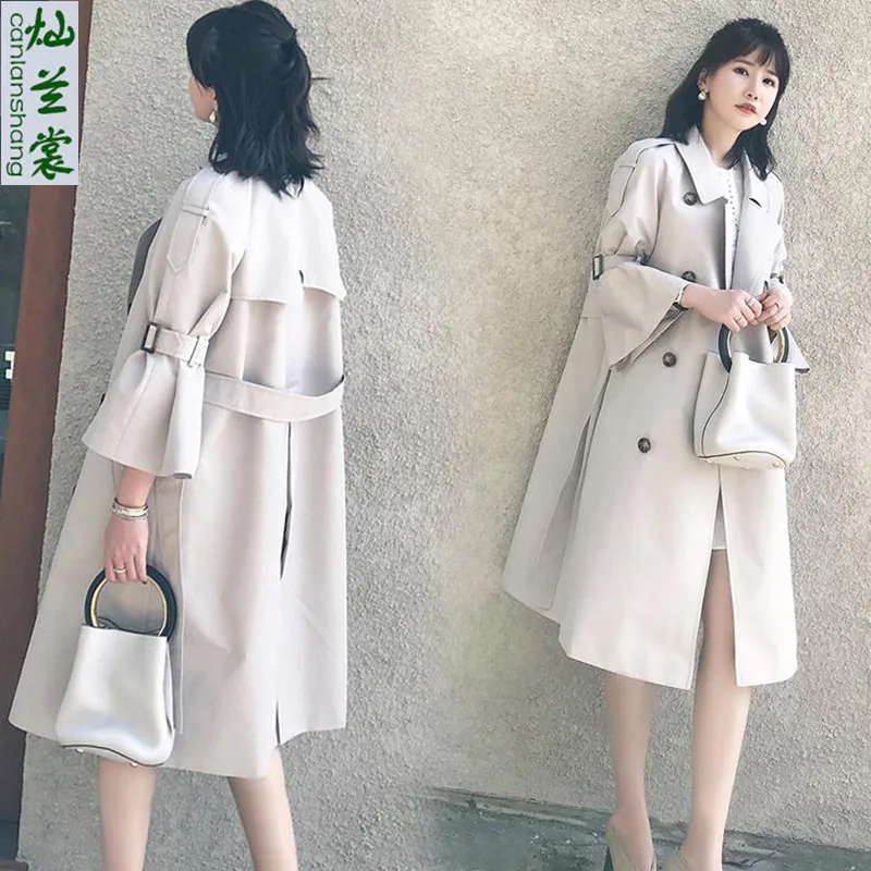 Модная ветровка Женская Демисезонный корейский с расклешёнными рукавами, по сравнению с завязкой на талии, узкие длинные пальто для женщин A1420 - Цвет: gray white