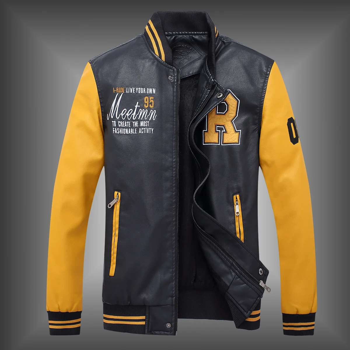Vomint новая мужская куртка из ПУ Бейсбол костюм Мода Вышитые Письмо кожаная куртка мужской опрятный шикарный Стиль 3XL 4XL - Цвет: black yellow