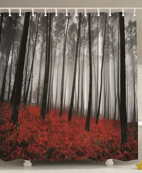 

Red Extra Long Shower Curtain Mystic Forest Red Grass Primitive Art Flower Rainy Gray Foggy Scene Miracle Feel Good