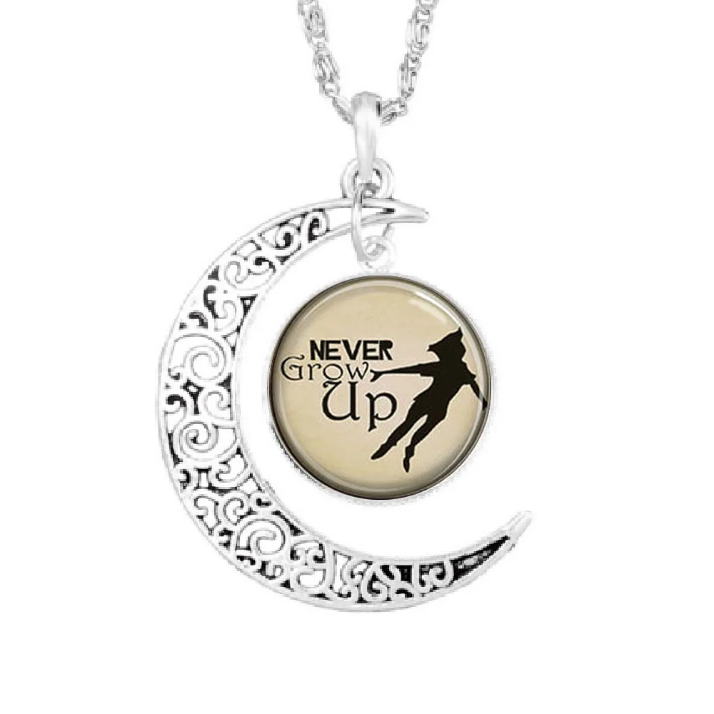 

Steampunk US Movie Never Grow Up Peter Pan Quote Moon Pendant Antique Necklace glass 1pcs/lot mens handmade jewelry dr who chain