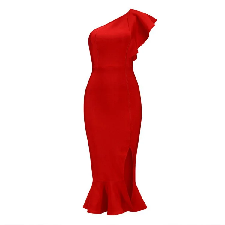 Летний Модный укороченный топ на одно плечо Бандажное платье с оборками миди женские Платья вечерние коктейльные элегантные облегающие платья - Цвет: Красный