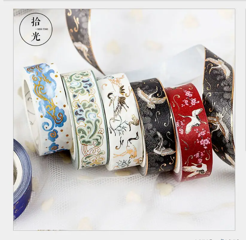 

15mm Gold foil flying crane cloud Retro Chinese Brocade architectural painting washi tape DIY planner scrapbooking masking tape