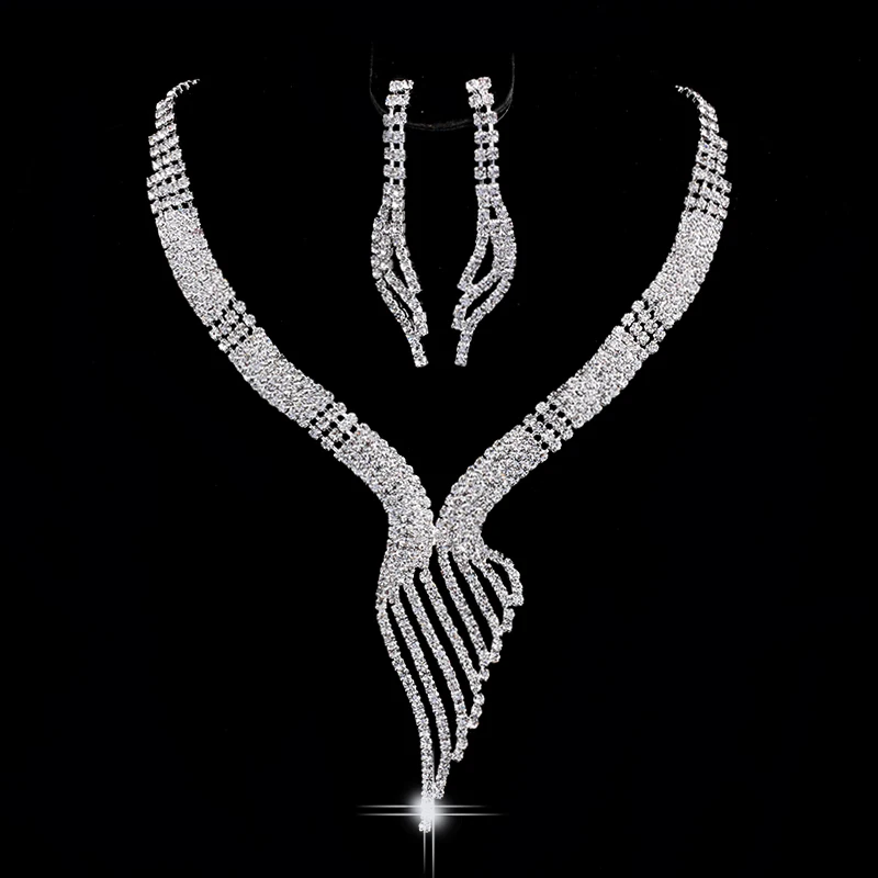 

2017 Hew Crystal Necklace + Earrings Bridal Suite Luxury Rhinestone Wedding Jewelry Set Ms. Simple Luxury Clothing Accessories