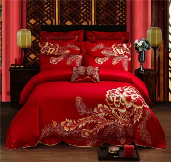 

4/6/9pcs Egypt cotton Peony embroidery Bedding set 4PCS KING QUEEN SIZE wedding Bed set Cotton bed linen bedsheet set