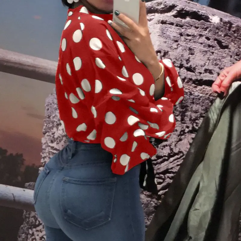 Tanie Letnia biurowa, damska Streewear Plus rozmiar czerwone eleganckie bluzki kobieta 2019 Casual długi rękaw latarnia Polka Dots Fall top damski