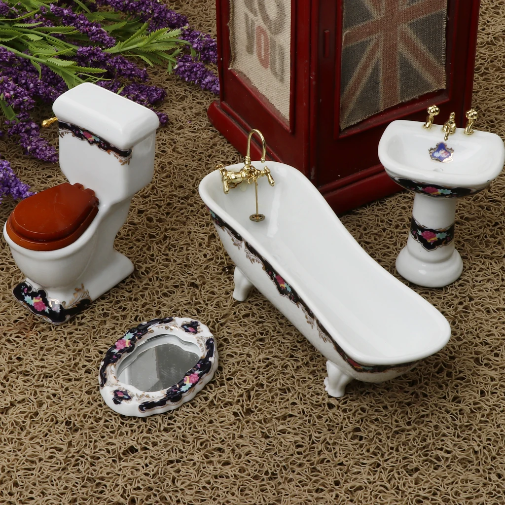 

4Pcs White Porcelain Bathroom Model Set 1/12 Dollhouse Miniature Funiture