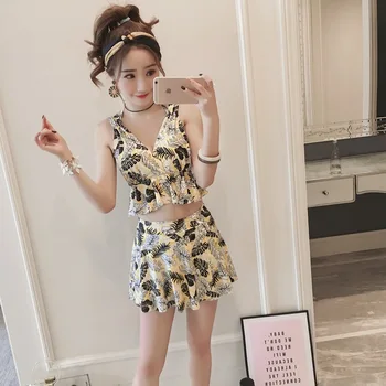 

Maillot de bain femme 2018 backless swimwear women print gathered student spa swimsuit skirt two-piece conservative swimsuit