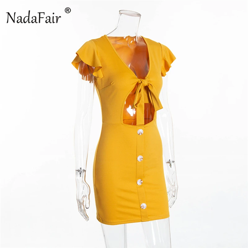 Nadafair, v-образный вырез, облегающее платье, винтажное, на шнуровке, с рукавом-бабочкой, мини, летнее платье, с вырезом, сексуальное, Клубное, для вечеринки, платья, желтый, красный