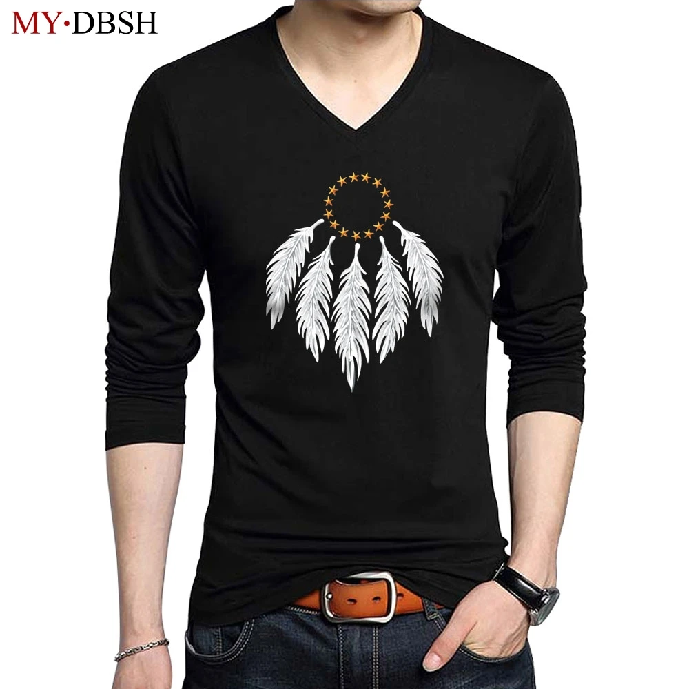 

2019 New Summer Fashion Feather Gold Necklace Design Funny Printing T-Shirts Mens Long Sleeve Slim Fit T shirt Casual Tops Tees