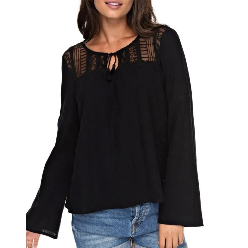 Вышивка Черный шифон Blusa Для женщин О-образным вырезом бинты Топ в винтажном