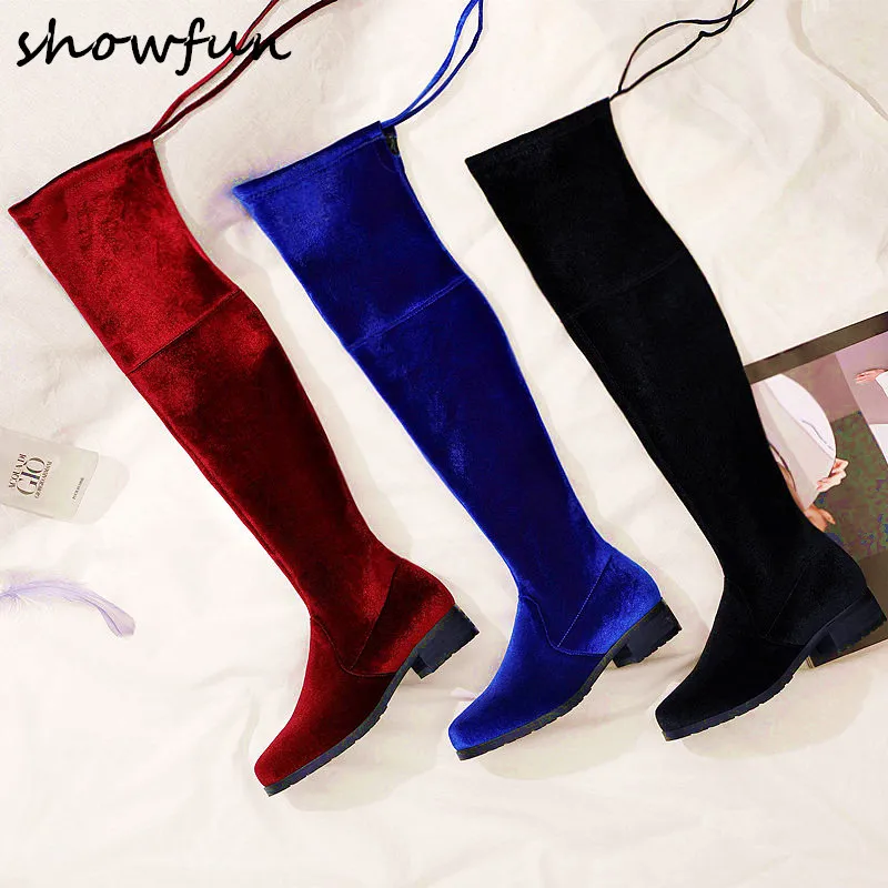 

3 Color Plus Size 33-42 Women's Winter Over The Knee Boots Brand Designer Velvet Slip-on Black Slim Flats Long Boots Shoes Sale