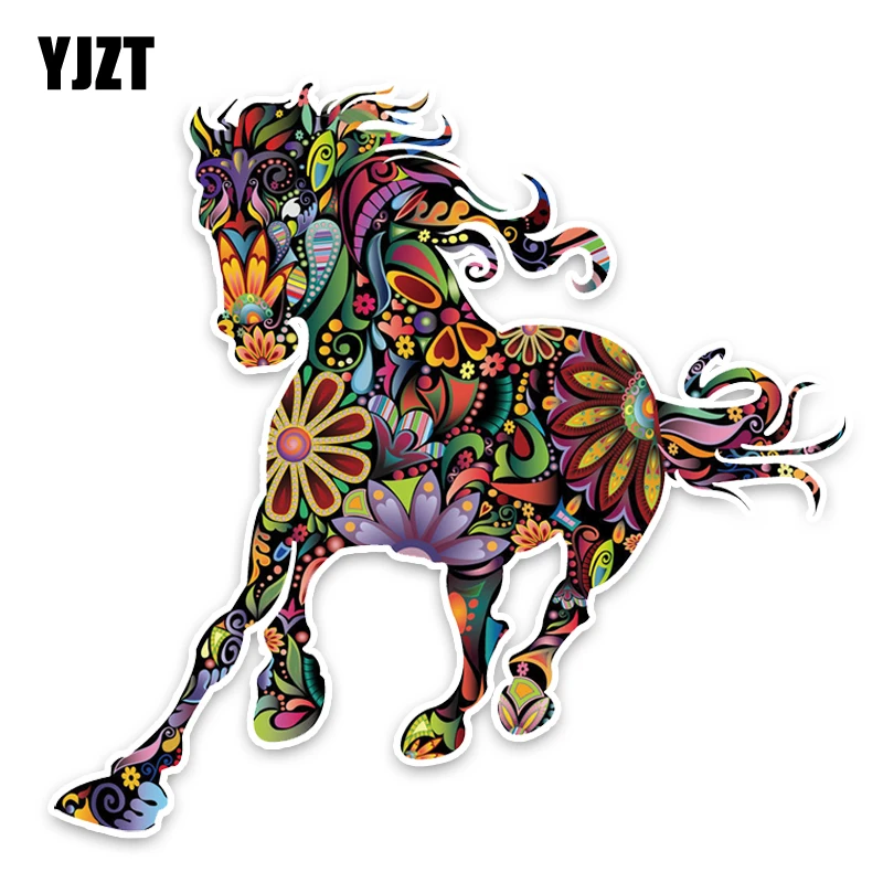 

YJZT 13.6CM12.8CM Mysterious Colored Flowers Cartoon Horse Colored PVC High Quality Car Sticker Decoration Graphic C1-5008