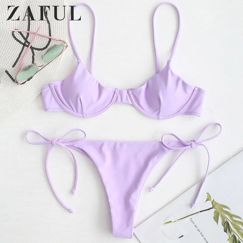 

ZAFUL Spaghetti Straps Bikini Set Sexy Thong Bikini Tie Side Underwire Bikini Low Waist Swimwear Women Swimming Suit for women