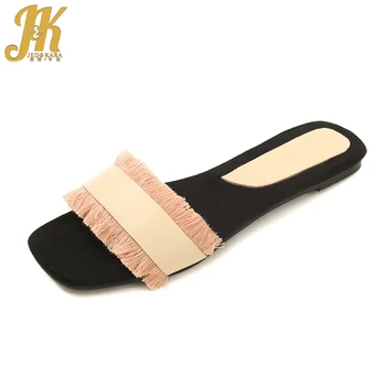 

JK 2018 Summer Slippers Women Flat Mules Shoes Fashion Ladies Open Toe Tassel Slides Female Slip On Footwear Black Pink Beige