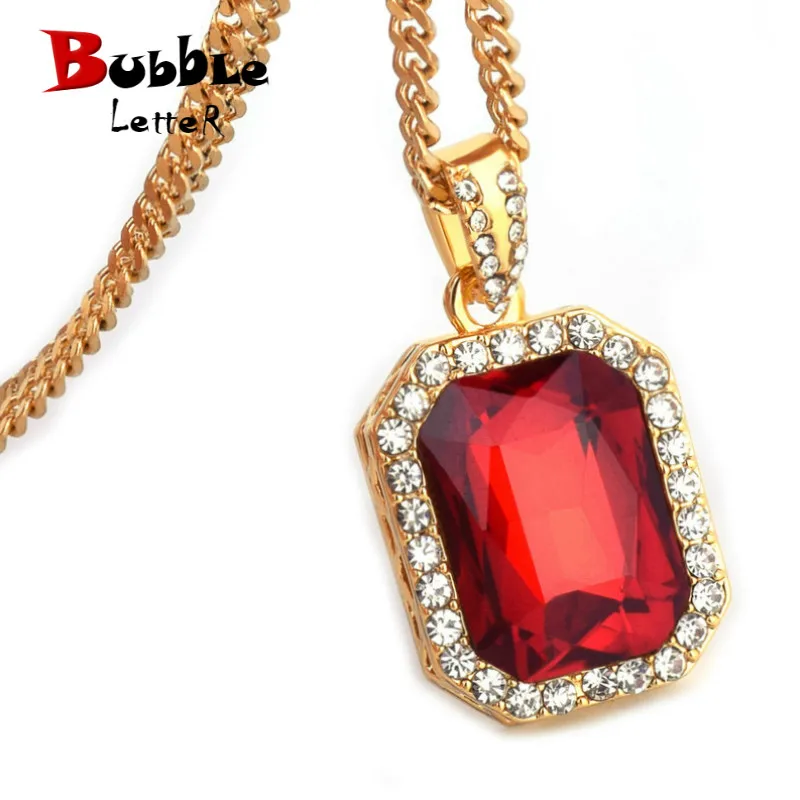 

Iced Small Square Red Crystal Pendant Necklace For Men/Women Bling Rhinestone Hip hop Jewelry With 20" 24" Cuban Cuban Chain