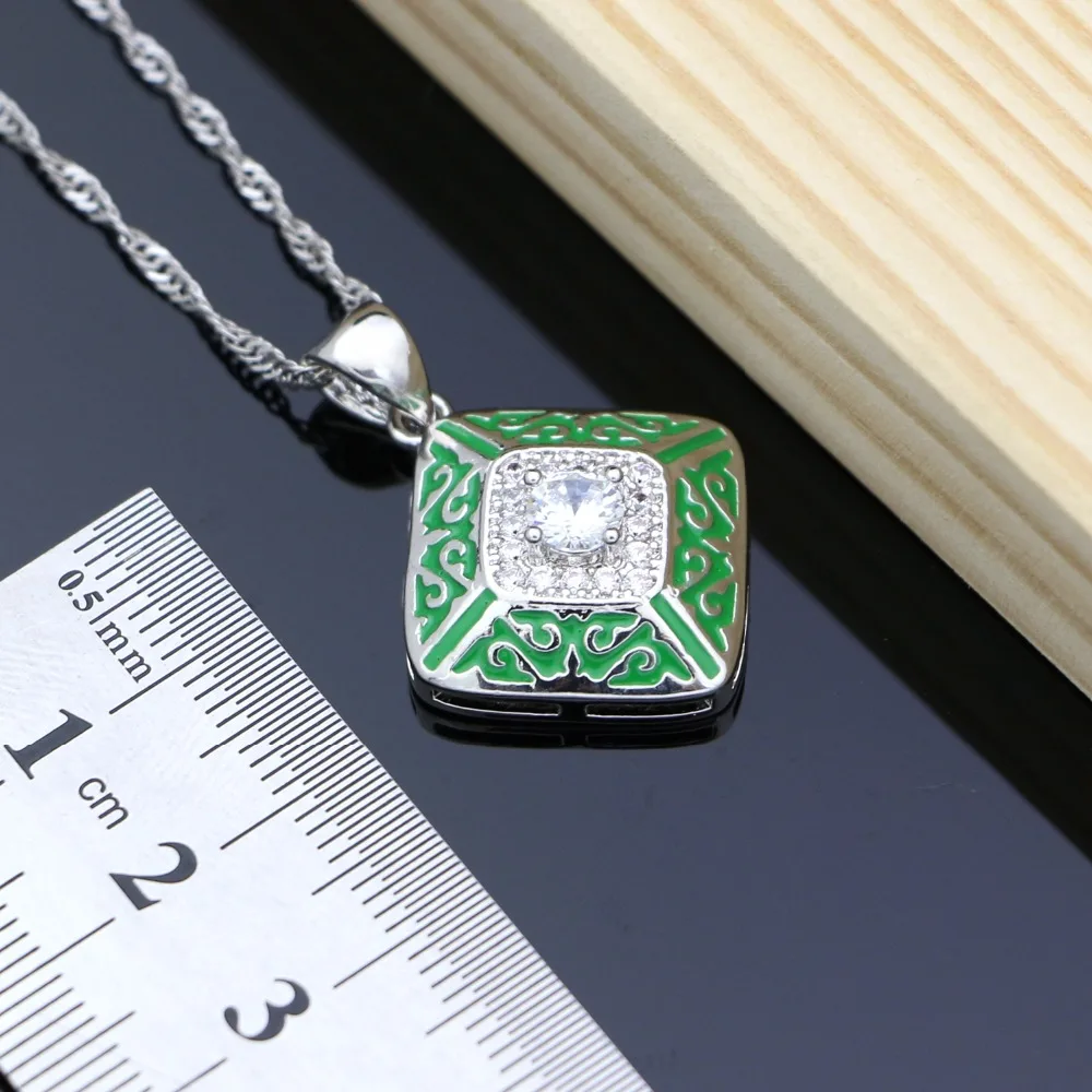 Najtaniej Zielony Lucite biały cyrkon srebrny 925 biżuteria kostiumowa dla nowożeńców zestawy dla kobiet kolczyki wisiorek pierścień kamienie bransoletka naszyjnik zestaw