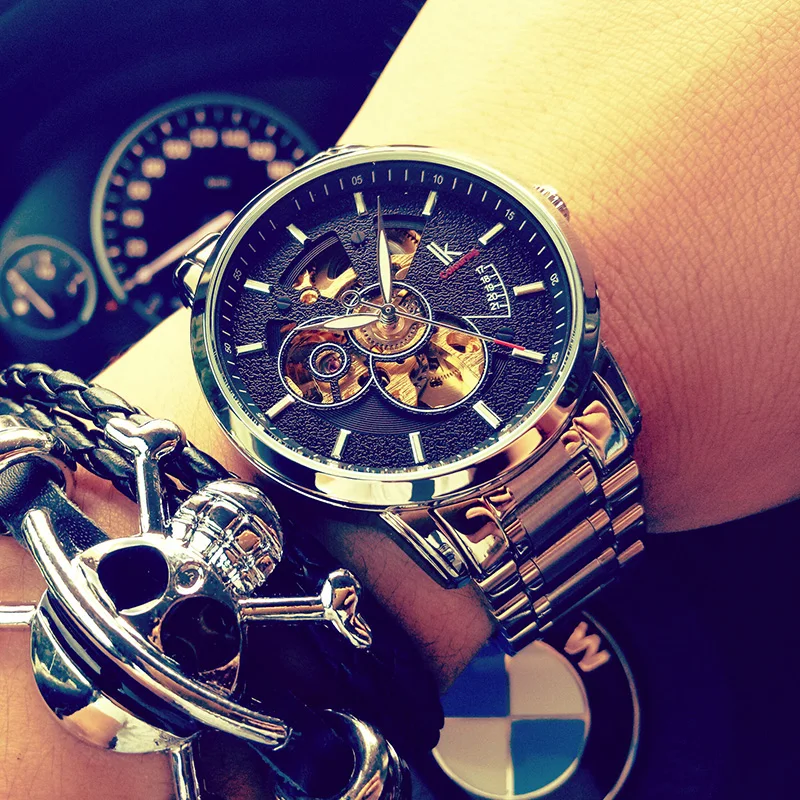 

IK Colouring Mens Watches 2019 New Stainless Steel Automatic Mechanical Male Clock Skeleton Steampunk Relogio Masculino