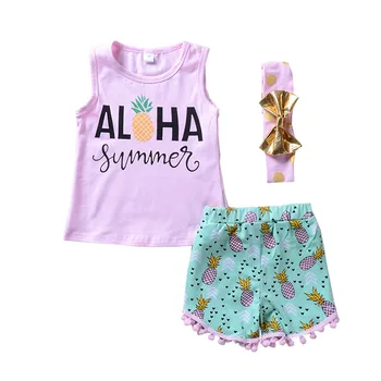 

3PCS Baby Kids Girl Clothing Set Sleeveless Vest Top T-shirt Shorts Headband Cute Outfits Set Girls Clothes