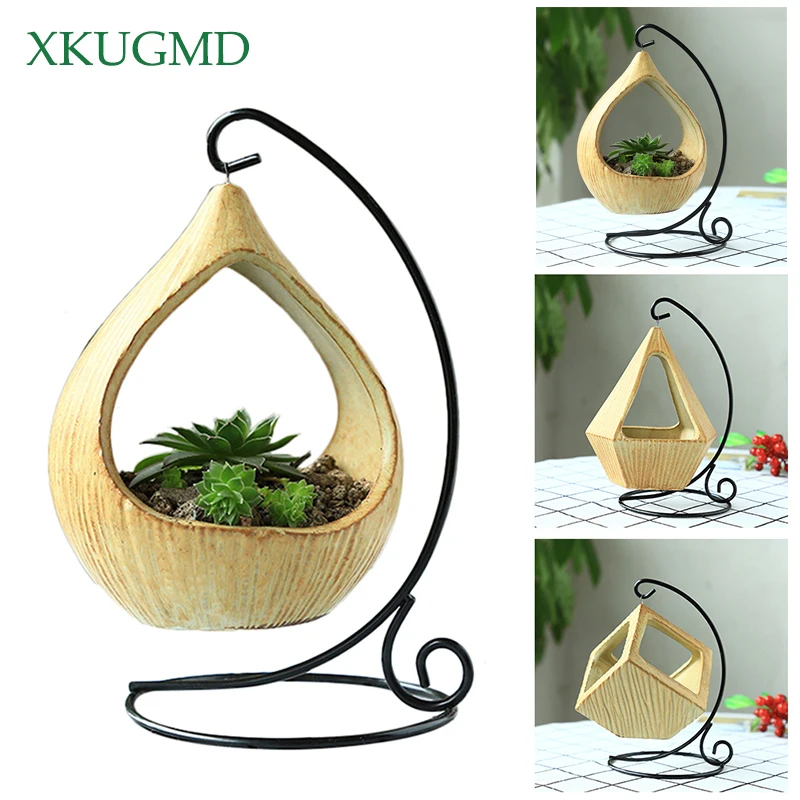 

New Iron Frame Hanging Basket Micro Landscape Geometry Fleshy Flower Pot Wrought Iron Hook Desktop Home Decoration Ceramics Vase