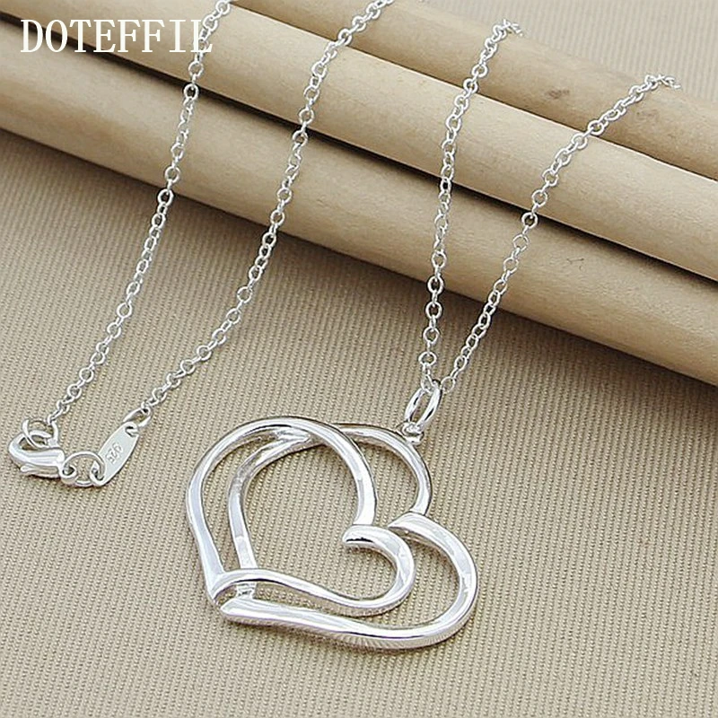 DOTEFFIL 925 Sterling Silver Double Heart Pendant Necklace 18 Inch Chain For Woman Fashion Wedding Engagement Charm Jewelry - Image 3