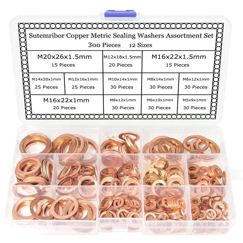 

300Pcs M5-M20 Box-Packed Durable Copper Hardware Oil Seal Fitting Ring Seal Gasket Set Washer Flat Washer Fastener