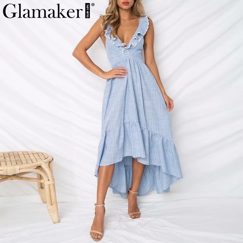 Glamaker Ruffle lace up blue sexy dress Women backless high waist turn down maxi dress Beach winter dress 2018 vestidos sundress