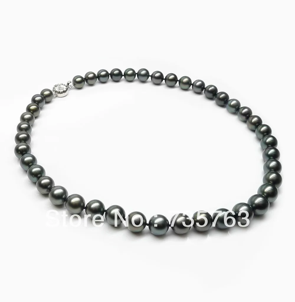 

HOT 00338 FINE!ROUND BLACK NATURAL TAHITIAN PEARL9-10.6MM NECKLACE 18INCH!925S CLAPS